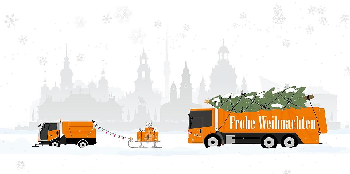 Motiv "Weihnachtskarte" SRD | Kehrmaschine vor 2 Müllautos; Auf einem Müllauto steht "Frohe Weihnachten"