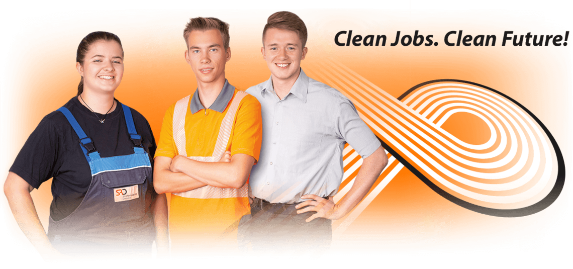 3 Auszubildende links, rechts der Claim "Clean Jobs. Clean Future."