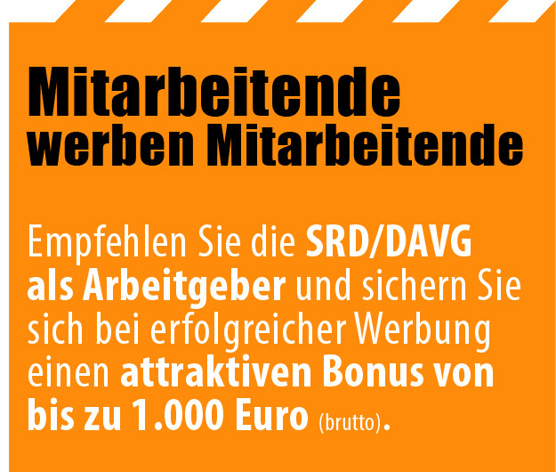 Text: Empfehlen Sie die SRD/DAVG als Arbeitgeber und sichern Sie sich bei erfolgreicher Werbung einen attraktiven Bonus von bis zu 1.000 Euro (brutto).
